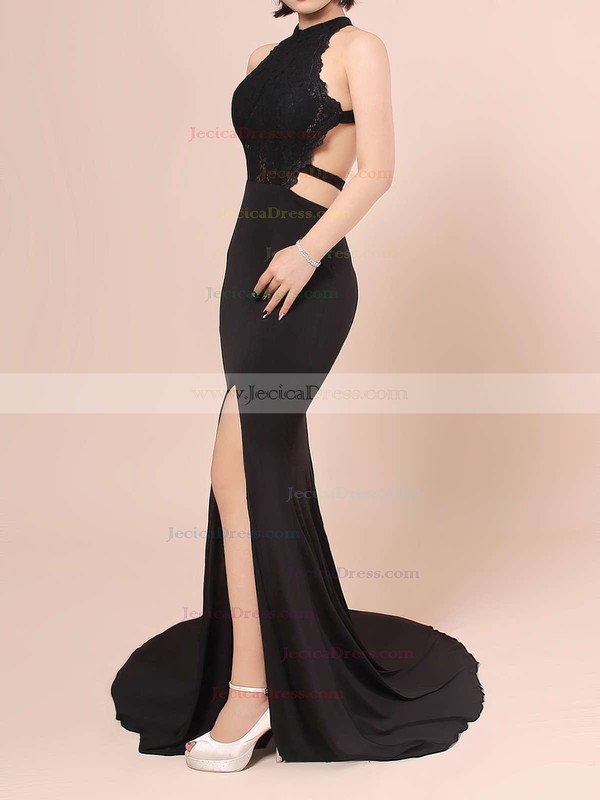 Stunning High Neck Sheath/Column Black Silk-like Satin Split Front Sweep Train Backless Prom Dresses #JCD020103577