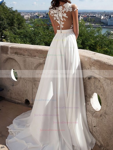 A-line Scoop Neck Tulle Chiffon Appliques Lace Sweep Train Cap Straps Fabulous Ivory Prom Dresses #JCD020103578
