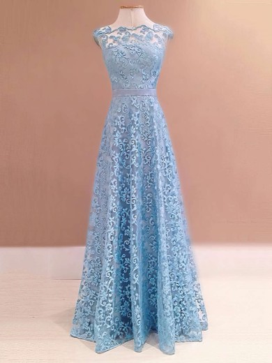 Modest A-line Scalloped Neck Lace with Sashes / Ribbons Floor-length Prom Dresses #JCD020103586