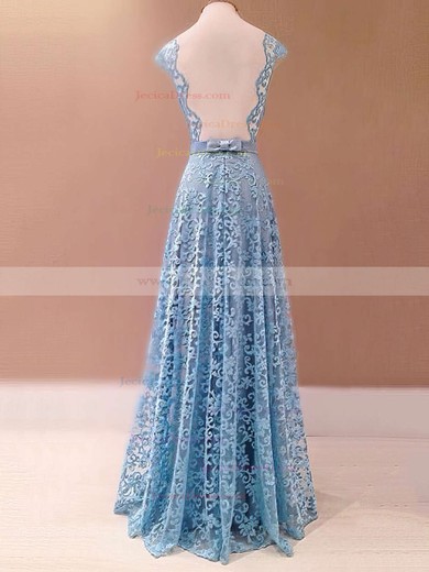 Modest A-line Scalloped Neck Lace with Sashes / Ribbons Floor-length Prom Dresses #JCD020103586