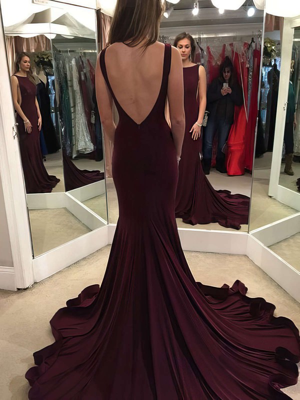 Trumpet/Mermaid Scoop Neck Jersey Ruffles Court Train Burgundy Backless New Arrival Prom Dresses #JCD020103588