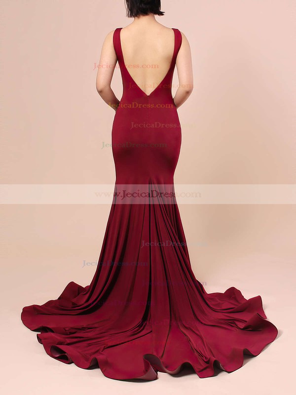 Trumpet/Mermaid Scoop Neck Jersey Ruffles Court Train Burgundy Backless New Arrival Prom Dresses #JCD020103588