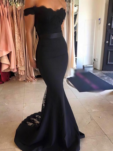 Trumpet/Mermaid Off-the-shoulder Stretch Crepe Sashes / Ribbons Sweep Train Popular Backless Prom Dresses #JCD020103589