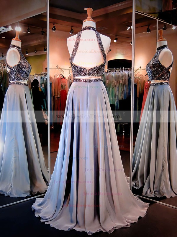 Two Piece A-line High Neck Chiffon Beading Sweep Train Stunning Open Back Prom Dresses #JCD020103591