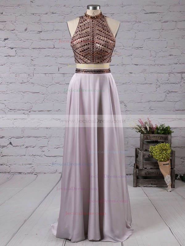 Two Piece A-line High Neck Chiffon Beading Sweep Train Stunning Open Back Prom Dresses #JCD020103591