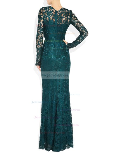 Graceful Scoop Neck Sheath/Column Lace Ruffles Floor-length Long Sleeve Prom Dresses #JCD020103592