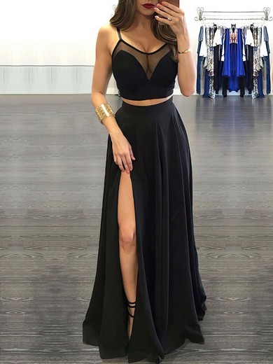 Two Piece A-line Scoop Neck Black Tulle Chiffon Split Front Floor-length Hot Prom Dresses #JCD020103593