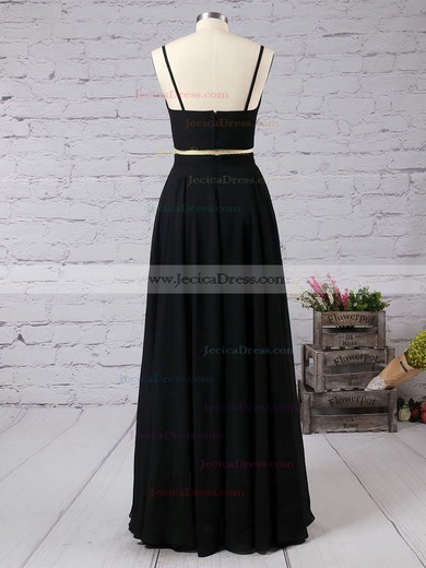 Two Piece A-line Scoop Neck Black Tulle Chiffon Split Front Floor-length Hot Prom Dresses #JCD020103593