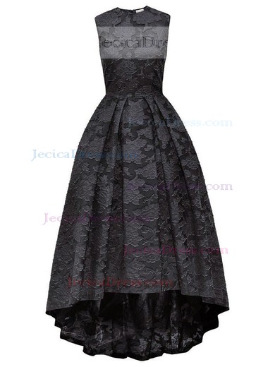 Classic Asymmetrical A-line Scoop Neck Black Lace Ruffles High Low Prom Dresses #JCD020103595