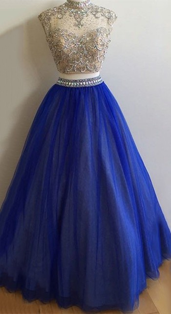 Ball Gown High Neck Tulle with Beading Floor-length Online Open Back Two Piece Prom Dresses #JCD020103596