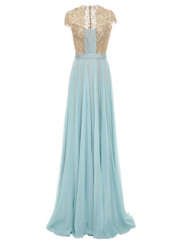 Beautiful A-line Chiffon Tulle Appliques Lace Floor-length Cap Straps V-neck Prom Dresses #JCD020103598