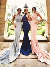 Stunning Trumpet/Mermaid Halter Royal Blue Tulle Silk-like Satin Appliques Lace Court Train Backless Prom Dresses #JCD020103600