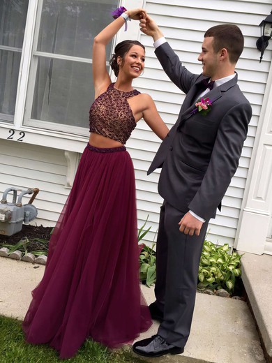 Burgundy A-line Scoop Neck Tulle with Beading Floor-length Girls Two Piece Prom Dresses #JCD020103601
