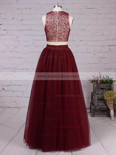Burgundy A-line Scoop Neck Tulle with Beading Floor-length Girls Two Piece Prom Dresses #JCD020103601