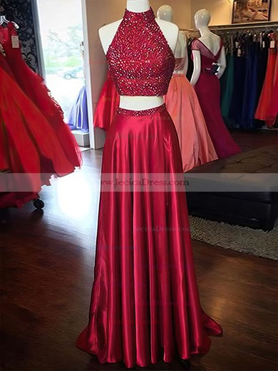 Two Piece A-line High Neck Silk-like Satin Split Front Sweep Train Latest Open Back Prom Dresses #JCD020103602