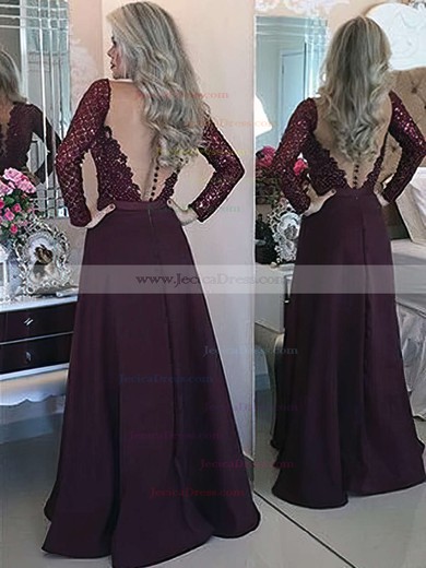 New Arrival A-line Scoop Neck Chiffon Tulle with Appliques Lace Floor-length Long Sleeve Prom Dresses #JCD020103603