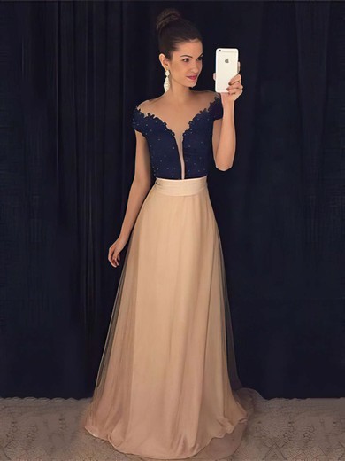 A-line Scoop Neck Tulle with Appliques Lace Floor-length Cap Strap Modest Long Prom Dresses #JCD020103604