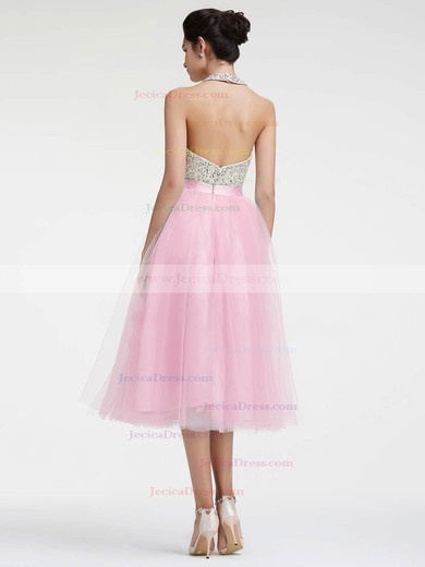 Tea-length A-line Halter Tulle with Sequins Pretty Backless Prom Dresses #JCD020103608