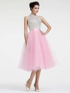 Tea-length A-line Halter Tulle with Sequins Pretty Backless Prom Dresses #JCD020103608