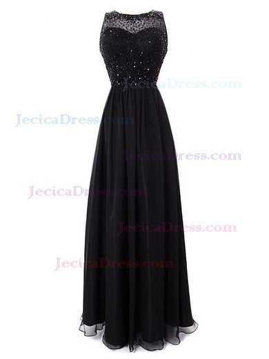 A-line Scoop Neck Tulle Chiffon with Beading Floor-length Cheap Black Prom Dresses #JCD020103610