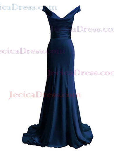 Simple Dark Navy V-neck Silk-like Satin with Ruffles Sweep Train Trumpet/Mermaid Prom Dresses #JCD020103612