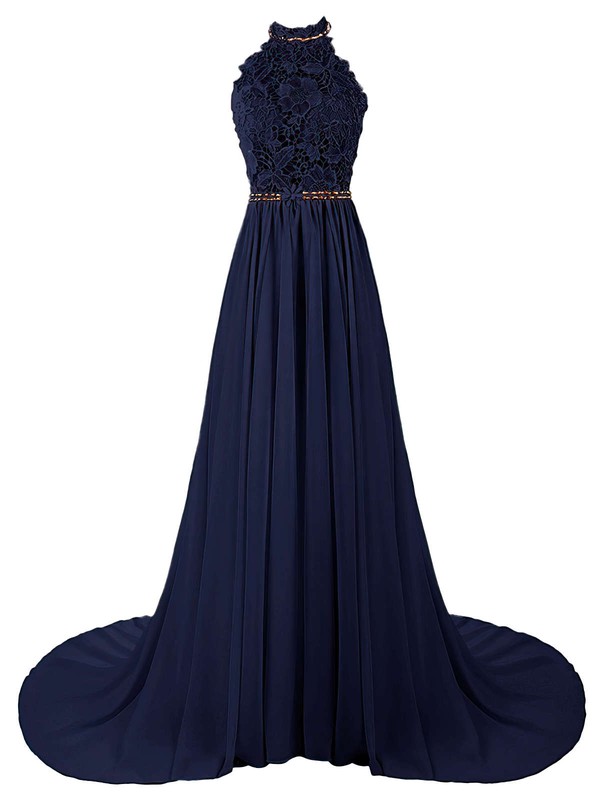 Halter A-line Dark Navy Tulle Chiffon with Beading Sweep Train Perfect Backless Prom Dresses #JCD020103615