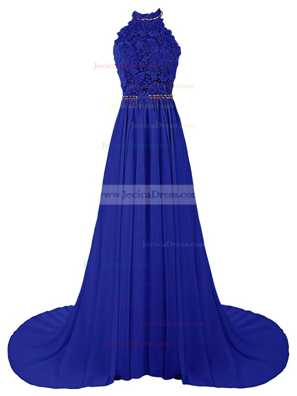 Halter A-line Dark Navy Tulle Chiffon with Beading Sweep Train Perfect Backless Prom Dresses #JCD020103615
