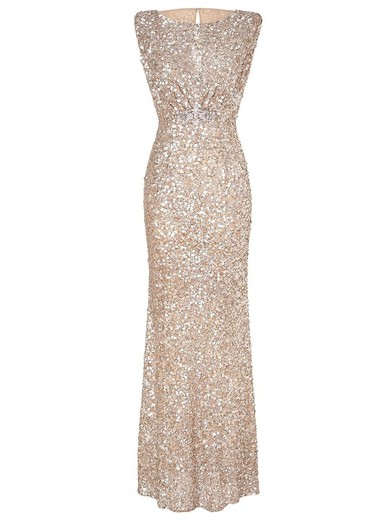 Sparkly Scoop Neck Champagne Sequined with Beading Floor-length Sheath/Column Prom Dresses #JCD020103616
