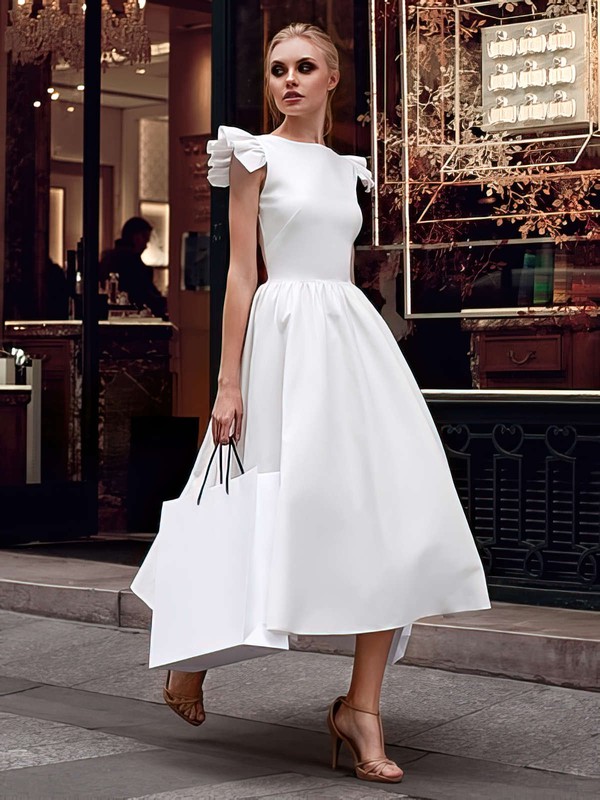 New Style Ivory Princess Scoop Neck Satin with Ruffles Tea-length Prom Dresses #JCD020103618