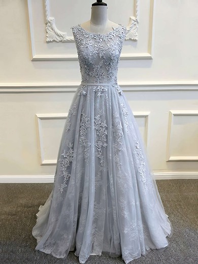 Princess Scoop Neck Tulle Lace with Sashes / Ribbons Sweep Train Glamorous Backless Prom Dresses #JCD020103620