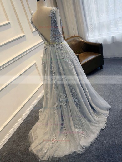 Princess Scoop Neck Tulle Lace with Sashes / Ribbons Sweep Train Glamorous Backless Prom Dresses #JCD020103620