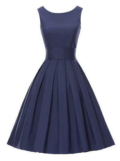 A-line Scoop Neck Dark Navy Satin Sashes / Ribbons Classic Knee-length Prom Dresses #JCD020103622