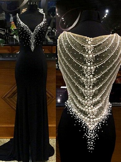 V-neck Sheath/Column Tulle Chiffon Split Front Sweep Train Fashion Black Prom Dresses #JCD020103624