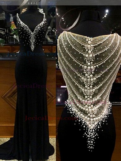 V-neck Sheath/Column Tulle Chiffon Split Front Sweep Train Fashion Black Prom Dresses #JCD020103624