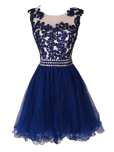 Cute A-line Scoop Neck Tulle with Appliques Lace Short/Mini Prom Dresses #JCD020103625