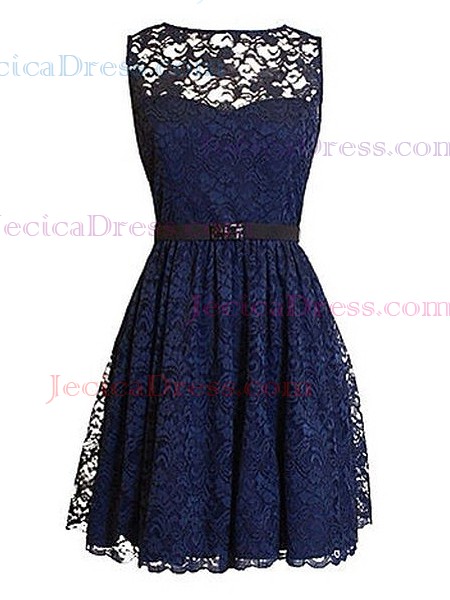 Informal A-line Scoop Neck Lace with Sashes / Ribbons Short/Mini Prom Dresses #JCD020103626