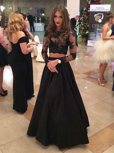 New Two Piece A-line Scoop Neck Black Satin Tulle Appliques Lace Floor-length Long Sleeve Prom Dresses #JCD020103632