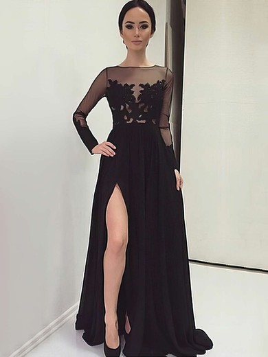 Black A-line Scoop Neck Chiffon Tulle Appliques Lace Sweep Train Unique Long Sleeve Prom Dresses #JCD020103633