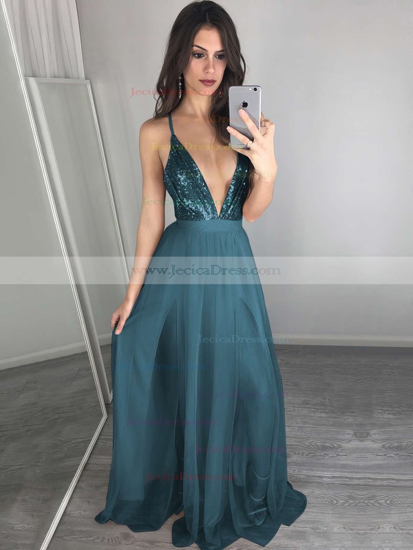 Hot A-line V-neck Tulle with Split Front Floor-length Backless Prom Dresses #JCD020103637