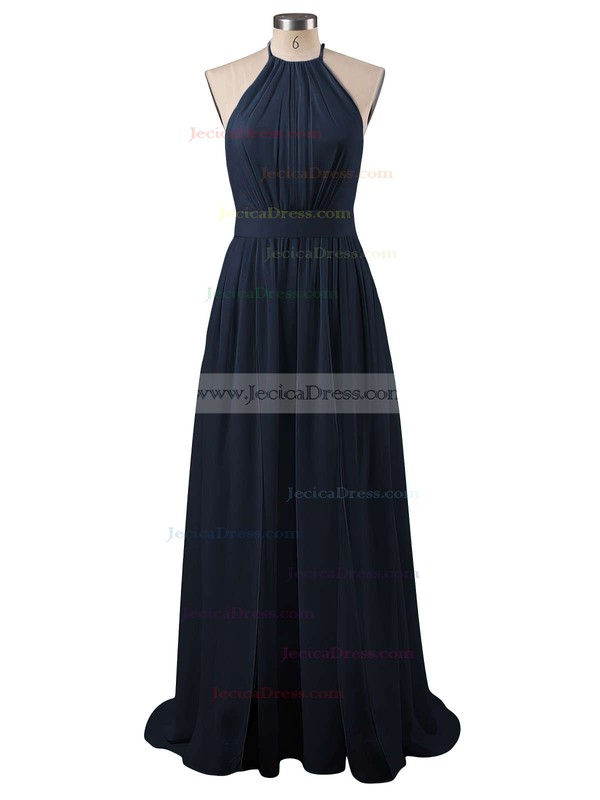 Halter A-line Chiffon Split Front Floor-length Summer Backless Prom Dresses #JCD020103638