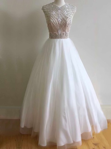 Elegant Ball Gown Scoop Neck Tulle with Beading Floor-length Open Back Prom Dresses #JCD020103640