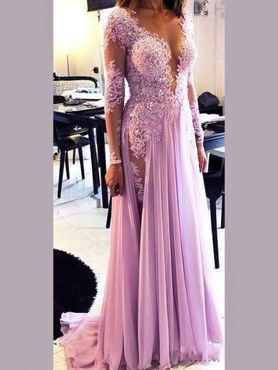 A-line Scoop Neck Chiffon Tulle with Appliques Lace Sweep Train Sexy Long Sleeve Prom Dresses #JCD020103641