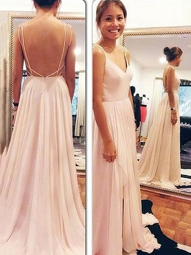 A-line V-neck Chiffon with Ruffles Sweep Train New Style Backless Prom Dresses #JCD020103642