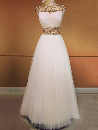 Perfect High Neck A-line Tulle with Beading Floor-length Open Back Prom Dresses #JCD020103645