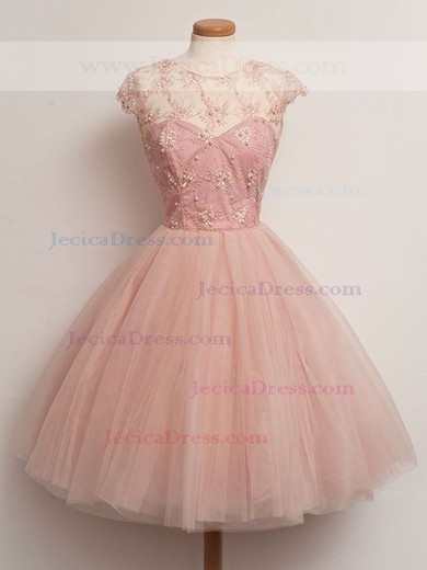 Affordable A-line Scoop Neck Tulle with Appliques Lace Knee-length Prom Dresses #JCD020103646