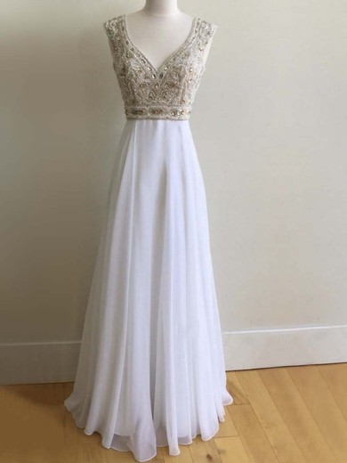 White A-line V-neck Chiffon with Beading Floor-length Famous Backless Prom Dresses #JCD020103647