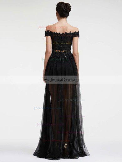 Exclusive Off-the-shoulder A-line Black Tulle Appliques Lace Floor-length Two Piece Prom Dresses #JCD020103648