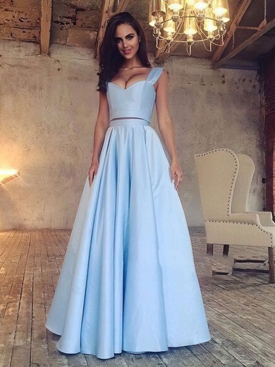 A-line V-neck Satin with Ruffles Floor-length Different Blue Two Piece Prom Dresses #JCD020103649