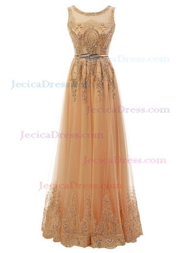 Gold A-line Scoop Neck Tulle with Beading Floor-length Elegant Prom Dresses #JCD020103659