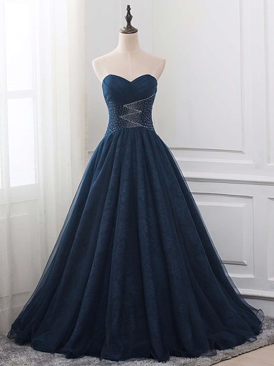 Ball Gown Sweetheart Lace Tulle with Ruffles Floor-length Original Dark Navy Prom Dresses #JCD020103663